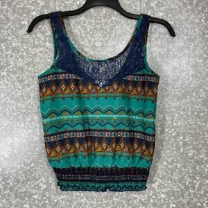 Delia's Women's Y2K Blue Tribal Print Lace Back Tank Top - Size Medium - Boho